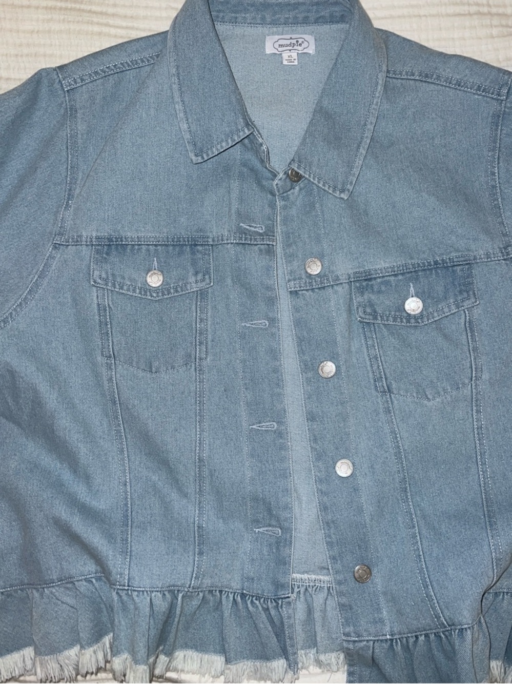 Mud Pie Light Denim Ruffle-Hem Jean Jacket